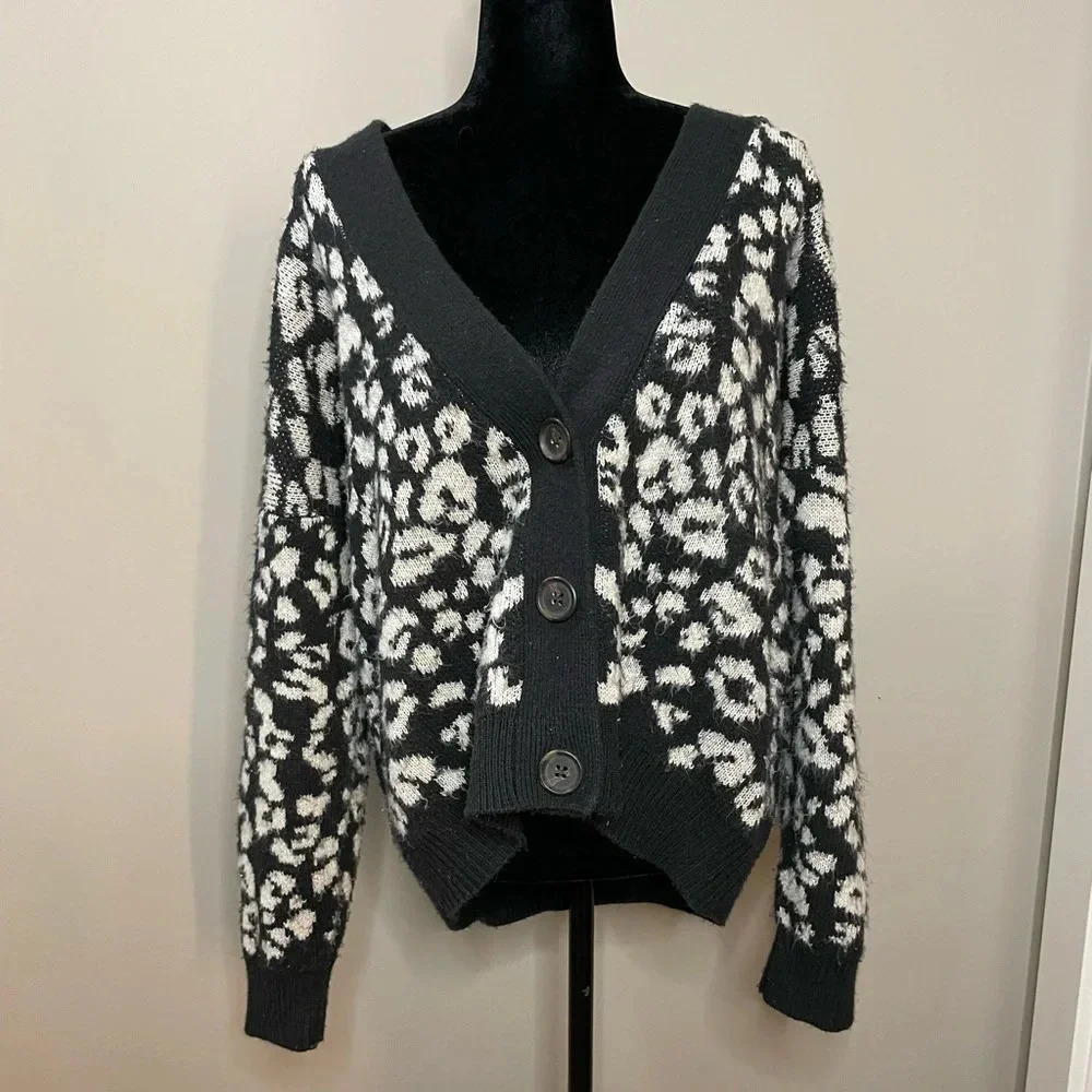 Universal Thread Animal Print Fuzzy Knit Button Front Cardigan Sweater